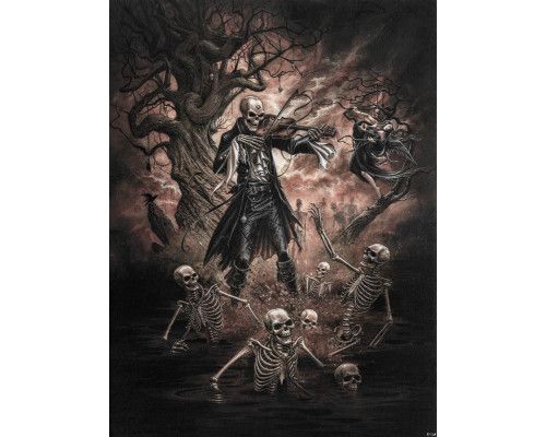 Fototapete eines Totentanzes mit Totenköpfen, dunkle Atmosphäre.