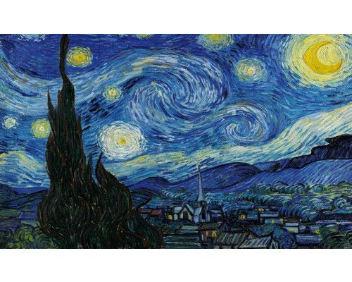 Vincent van Goghs sternenklare Nacht, dargestellt in einer abstrakten künstlerischen Fototapete mit leuchtenden Farben.
