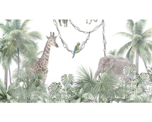 Fototapete mit tropischen Tieren, die sich durch dichten Dschungel bewegen, umgeben von exotischen Bäumen und Pflanzen.