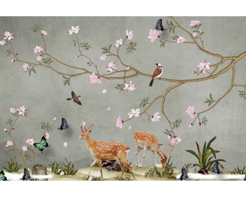 Tiere wie Rehe und Schmetterlinge, die sich im Frühling durch einen Wald voller blühender Blumen bewegen, abgebildet auf einer Fototapete.