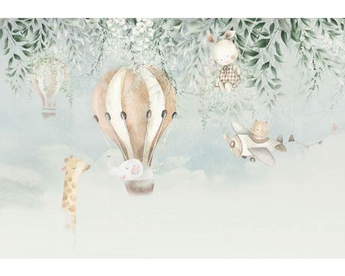 Fototapete von Tieren in den Wolken, mit einer Giraffe in einem Heißluftballon.