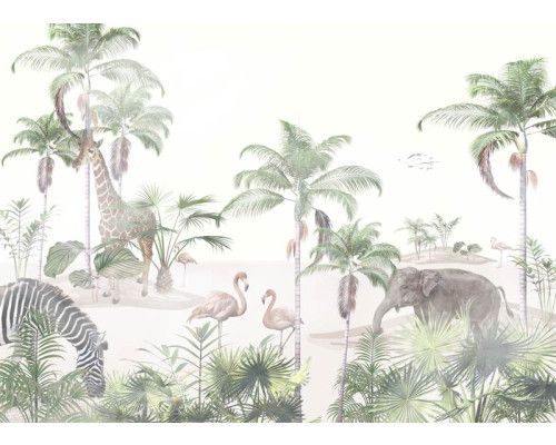 Tiere bewegen sich durch den dichten Dschungel, umgeben von üppiger Natur auf diesem tropischen Fotohintergrund.