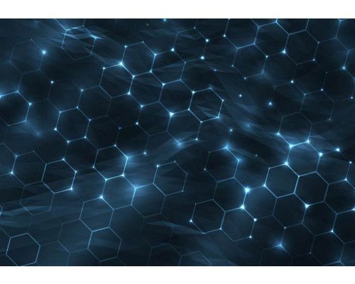 Fototapete mit digitaler Hexagonstruktur in Blautönen und futuristischem Licht.