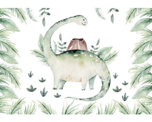 Fototapete mit Dinosauriern und botanischen Blättern, perfekt für einen abenteuerlichen Look.