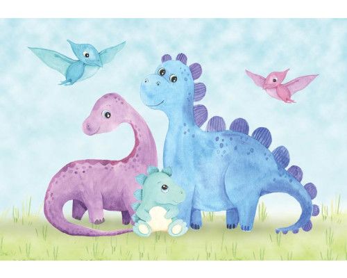 Fototapete mit großen Dinosauriern, gerendert auf Vliestapete für einen realistischen Effekt.