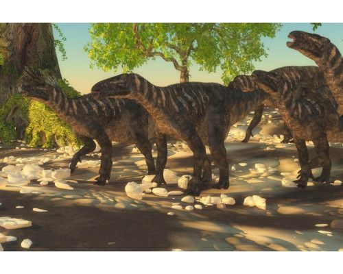 Eine Dino-Familie, bestehend aus verschiedenen Dinosaurierarten, abgebildet auf einer verspielten Fototapete.