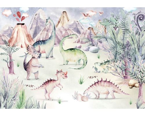 Kindertapete mit Dinosauriern, die in einem bunten Dschungel spielen, speziell für Kinderzimmer.