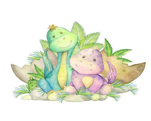 Fototapete von Dino-Freunden, die gemeinsam eine prähistorische Umgebung durchqueren, mit einem spielerischen und abenteuerlichen Gefühl.