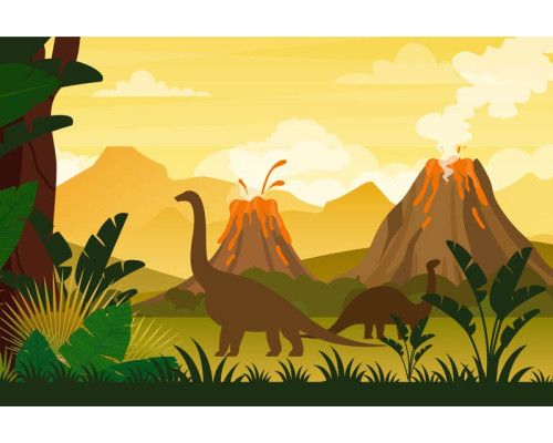 Fototapete mit Dinosauriern, die sich in der Nähe eines Vulkans bewegen, in einer dramatischen prähistorischen Umgebung.