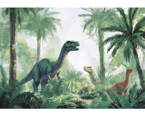 Fotobehang met drie dinosaurussen in een tropisch groen oerwoud, met palmbomen en varens op de voorgrond.