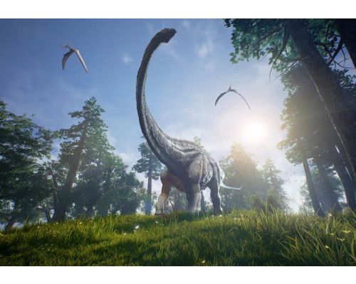 Brachiosaurier bewegen sich durch eine weite Landschaft unter der Sonne, abgebildet auf einer Fototapete mit prähistorischem Flair.