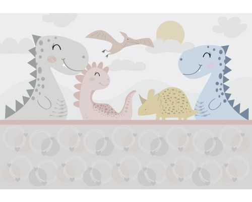 Pastellfarbene Dinosaurier-Fototapete für ein sanftes und fröhliches Kinderzimmer.