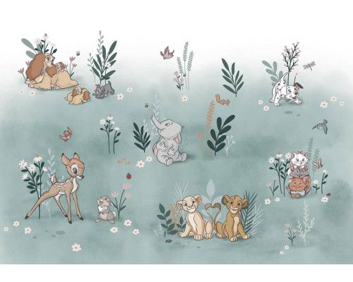 Disney Animal Friends Fototapete zeigt eine Sammlung von niedlichen Tieren aus verschiedenen Disney-Filmen, verspielt und fröhlich gerendert.