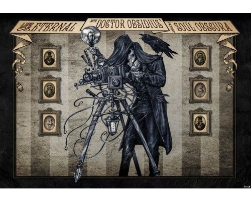 Doktor Obsidius Fototapete mit Totenköpfen und einem skelettierten Fotografen.