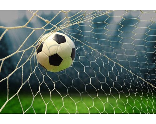 Fototapete eines Fußballs, der ins Tor geht, mit freier Sicht auf das Netz während des Torschusses.