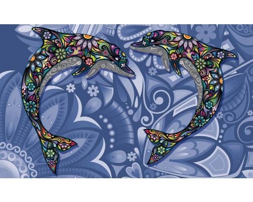 Fototapete mit Delphinen im abstrakten Kunststil, dynamisch und farbenfroh.