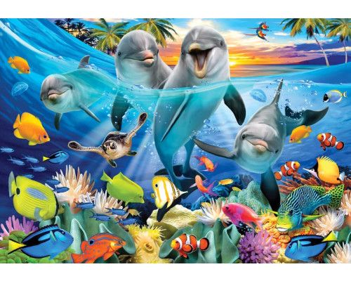 Delfine unter Wasser mit Palmen, Aquarium-Fototapete mit fröhlicher, tropischer Stimmung.