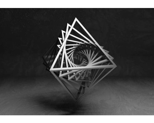 Fototapete mit einem 3D-Muster aus überlappenden Dreiecken auf dunklem Hintergrund für einen modernen Effekt.