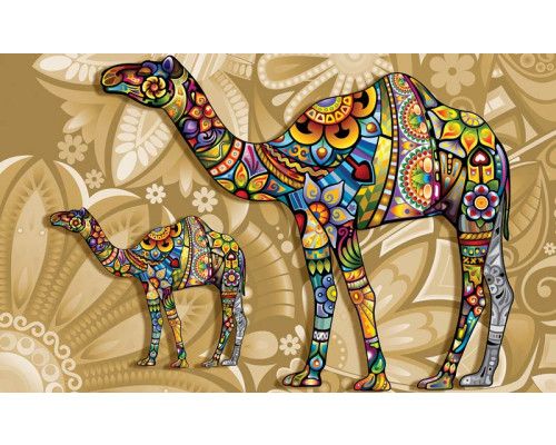 Dromedar mit Kunstwerk von Blumen auf Fototapete, bunt und künstlerisch.