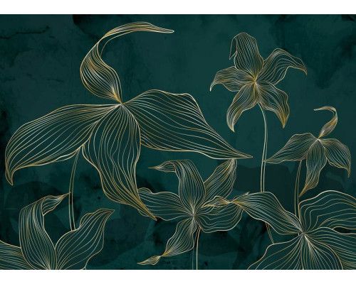 Eine Fototapete mit exotischen grünen und goldenen Akzenten, die üppige tropische Blumen und subtile Goldtöne für einen luxuriösen und natürlichen Look zusammenbringt.