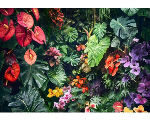 Fototapete von einer üppigen Mischung aus Dschungelpflanzen, bunten Blumen und Blättern, mit lebendigen Farben, die eine tropische und frische Atmosphäre schaffen.