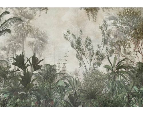 Exotische Dschungelpflanzen und tropische Blätter auf dieser Fototapete, mit einem lebendigen und farbenfrohen Look.