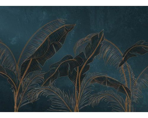 Eine exotische Palmwedel-Fototapete in sattem Grün mit goldenen Akzenten, bei der üppige Blätter und dezente Goldtöne ein luxuriöses und tropisches Aussehen erzeugen.