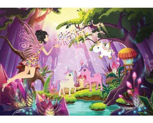Fototapete mit Feen und Einhörnern, Feenstaub und Einhorn in einem Märchenwald.