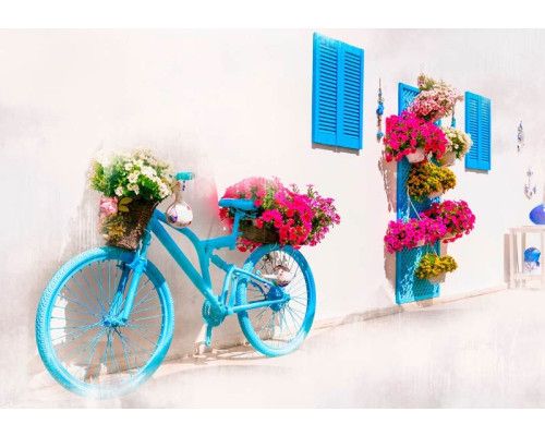 Fototapete eines Fahrrads in einer griechischen Gasse, die typische griechische Architektur zeigt.