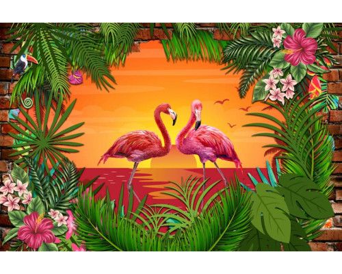 Ein Flamingo bei Sonnenuntergang vor einer 3D-Ziegelwand und einem tropischen Meer, gerendert auf dieser Fototapete.