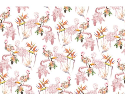 Diese farbenfrohe Fototapete zeigt Flamingos und Tukane inmitten üppiger Blumen, ideal für eine lebendige Umgebung.