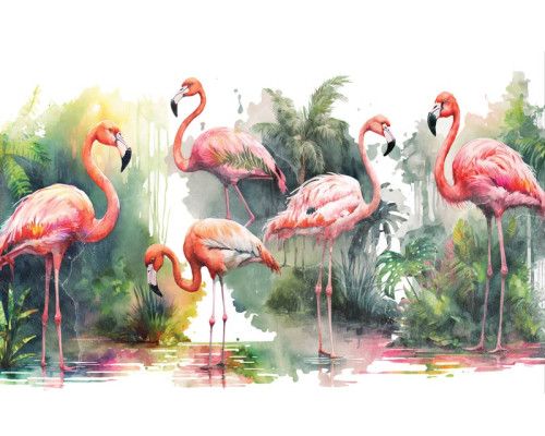 Flamingos in einem tropischen Dschungel werden auf dieser Fototapete zum Leben erweckt, mit bunten Pflanzen und einer exotischen Atmosphäre.