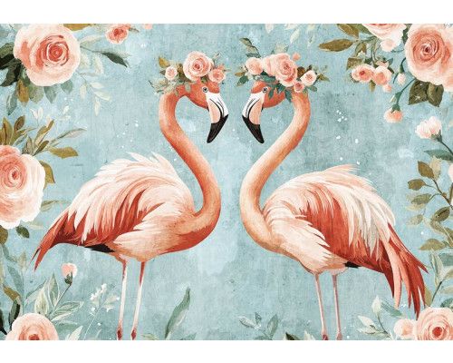 Fototapete mit Flamingos und Rosen in Aquarellfarben, ein künstlerisches Blumendesign.
