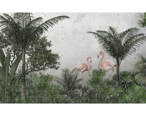 Fototapete von Flamingos im Dschungel, mit tropischen Pflanzen und Palmen vor einem konkreten Hintergrund.