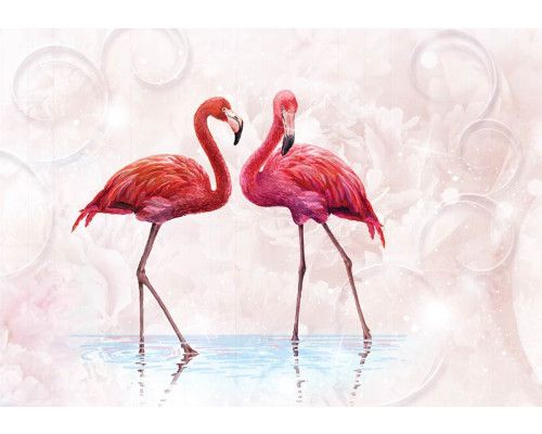 Flamingos in Rosatönen, liebevoll gestaltet auf einer abstrakten und künstlerischen Fototapete.
