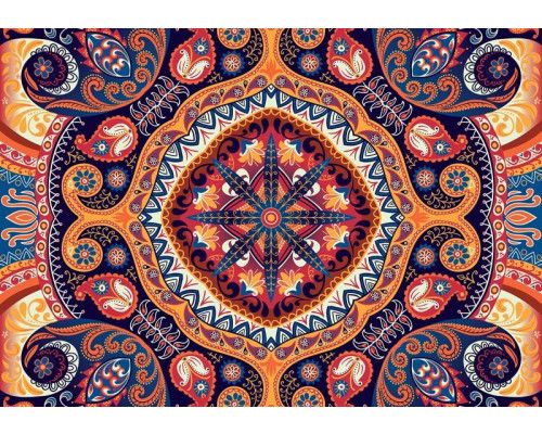 Bunte Blumen in einem volkstümlichen Muster, dargestellt auf einer künstlerischen und abstrakten Fototapete.