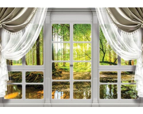 Waldansicht aus einem Fenster, Bäume und Natur auf 3D-Fototapete.