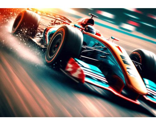 Formel 1 Auto Fototapete mit einem beeindruckenden Rennwagen, der mit voller Geschwindigkeit die Strecke entlang fährt.