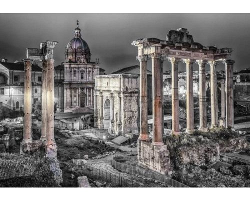 Fototapete des Forum Romanum in Rom, Schwarz-Weiß-Bild eines klassischen Denkmals.