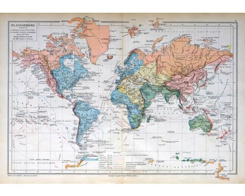 Fototapete einer alten französischen Weltkarte, mit antiken Details.