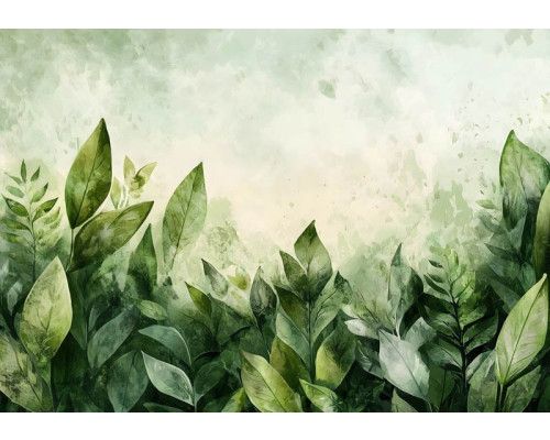 Fotobehang met frisse groene bladeren in aquarelstijl op een lichte achtergrond met natuurlijke uitstraling.
