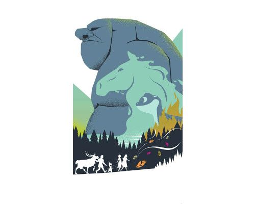 Frozen Adventure Fototapete mit Anna, Elsa, Kristoff und Olaf, die durch eine verzauberte Winterlandschaft inmitten von Schnee und Eis reisen.