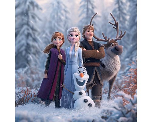Fototapete Die Eiskönigin Magie des Winters mit Elsa, Anna, Olaf, Kristoff und Sven in einer verschneiten Winterlandschaft zwischen schneebedeckten Bäumen.
