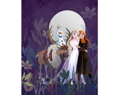 Fototapete Die Eiskönigin Magische Freundschaft mit Elsa, Anna, Olaf und Sven in einem verzauberten Wald unter einem großen Mond.