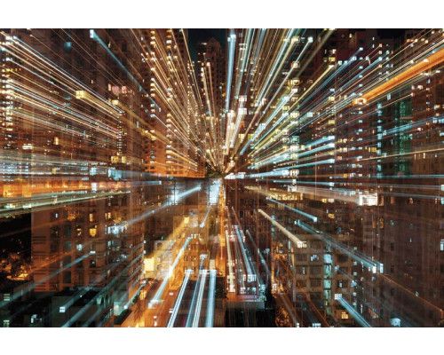 Diese Fusion-Fototapete zeigt eine abstrakte Darstellung einer modernen Stadt, mit dynamischen Formen und Linien.