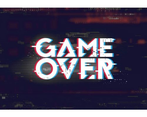 Fototapete für Spielzimmer mit dem Text "Game Over" und spielerischen PlayStation-Elementen.