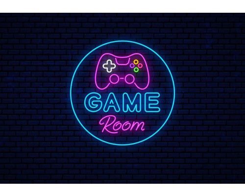 Fototapete Game Room Neonstil mit Neon-Gamecontroller und bunten Knöpfen auf dunklem Backsteinhintergrund.