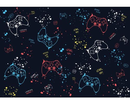 Fototapete mit verschiedenen Spielcontrollern, entworfen für ein Spielzimmer oder ein Spielzimmer.