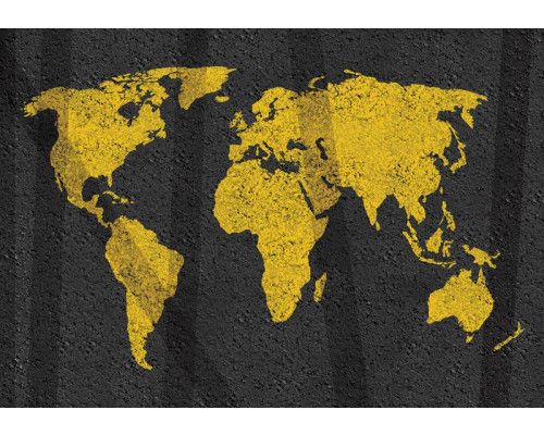 Gelbe Weltkarten-Fototapete mit einer rustikalen, betonähnlichen Textur, ideal für einen modernen und zeitgenössischen Raum.