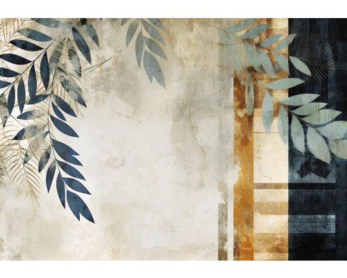 Gemalte Blätter auf einem Betonhintergrund, mit einem künstlerischen Look auf dieser Fototapete.